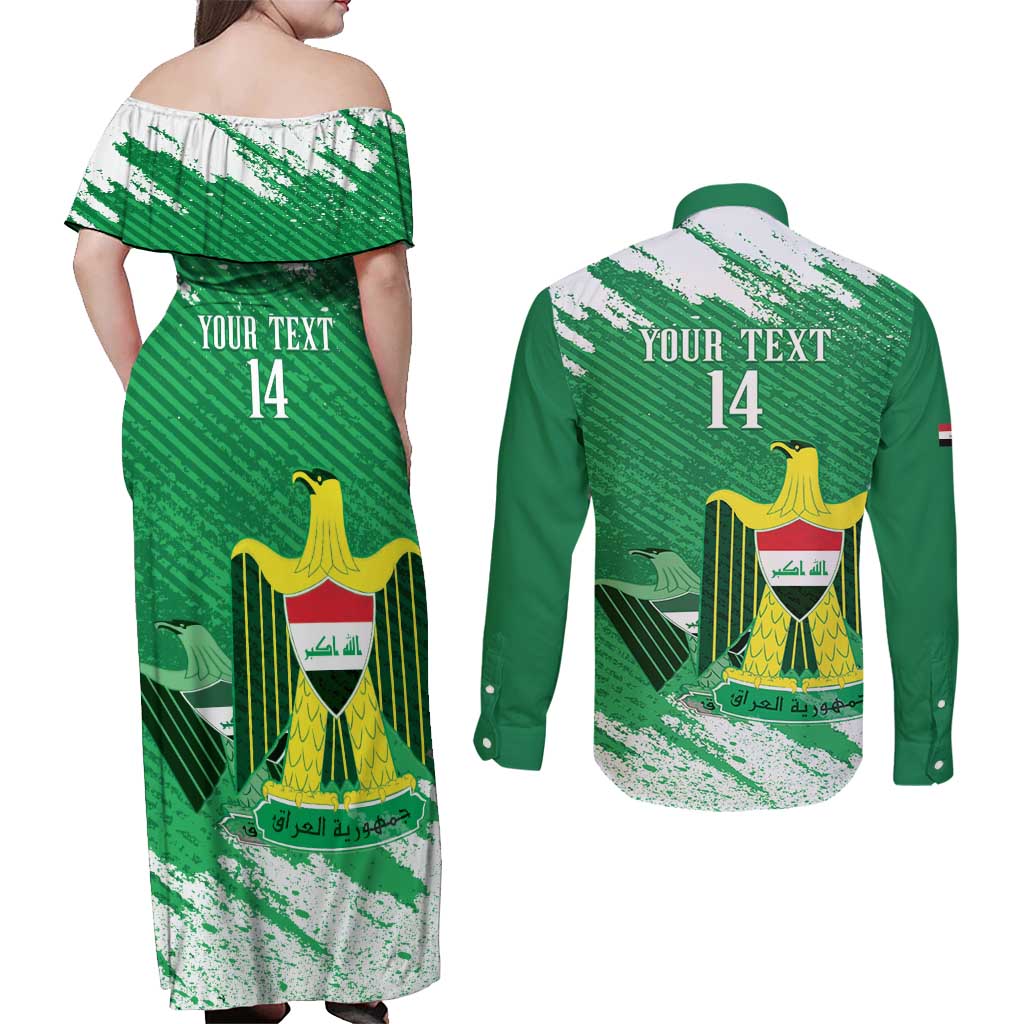 Iraq Football Custom Couples Matching Off Shoulder Maxi Dress and Long Sleeve Button Shirt Come On Lions of Mesopotamia