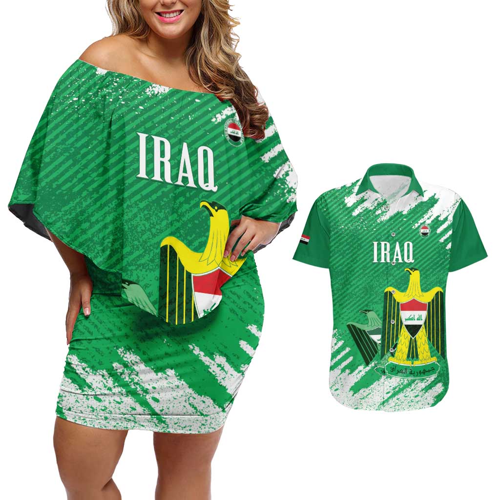 Iraq Football Custom Couples Matching Off Shoulder Short Dress and Hawaiian Shirt Come On Lions of Mesopotamia