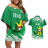 Iraq Football Custom Couples Matching Off Shoulder Short Dress and Hawaiian Shirt Come On Lions of Mesopotamia