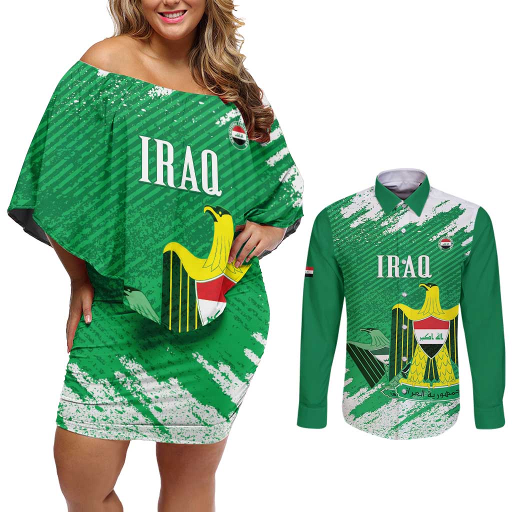 Iraq Football Custom Couples Matching Off Shoulder Short Dress and Long Sleeve Button Shirt Come On Lions of Mesopotamia