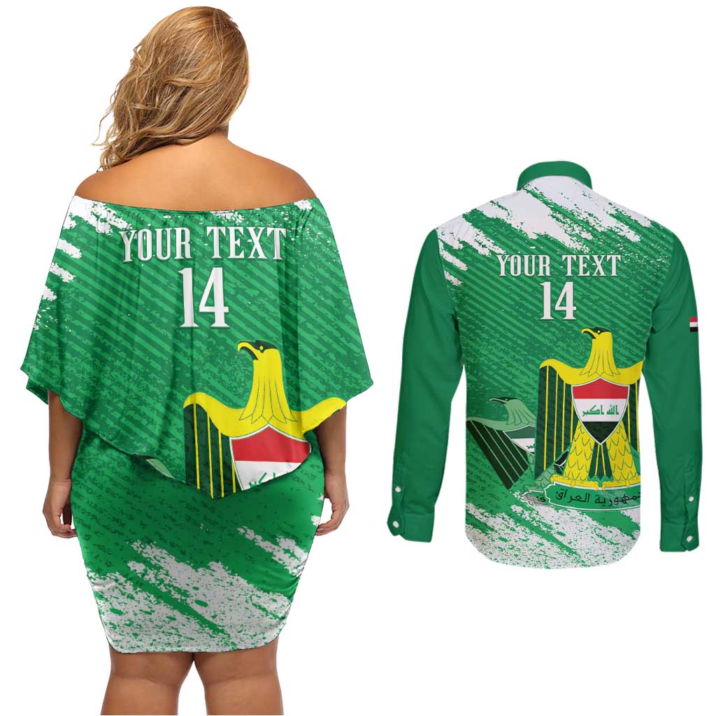 Iraq Football Custom Couples Matching Off Shoulder Short Dress and Long Sleeve Button Shirt Come On Lions of Mesopotamia