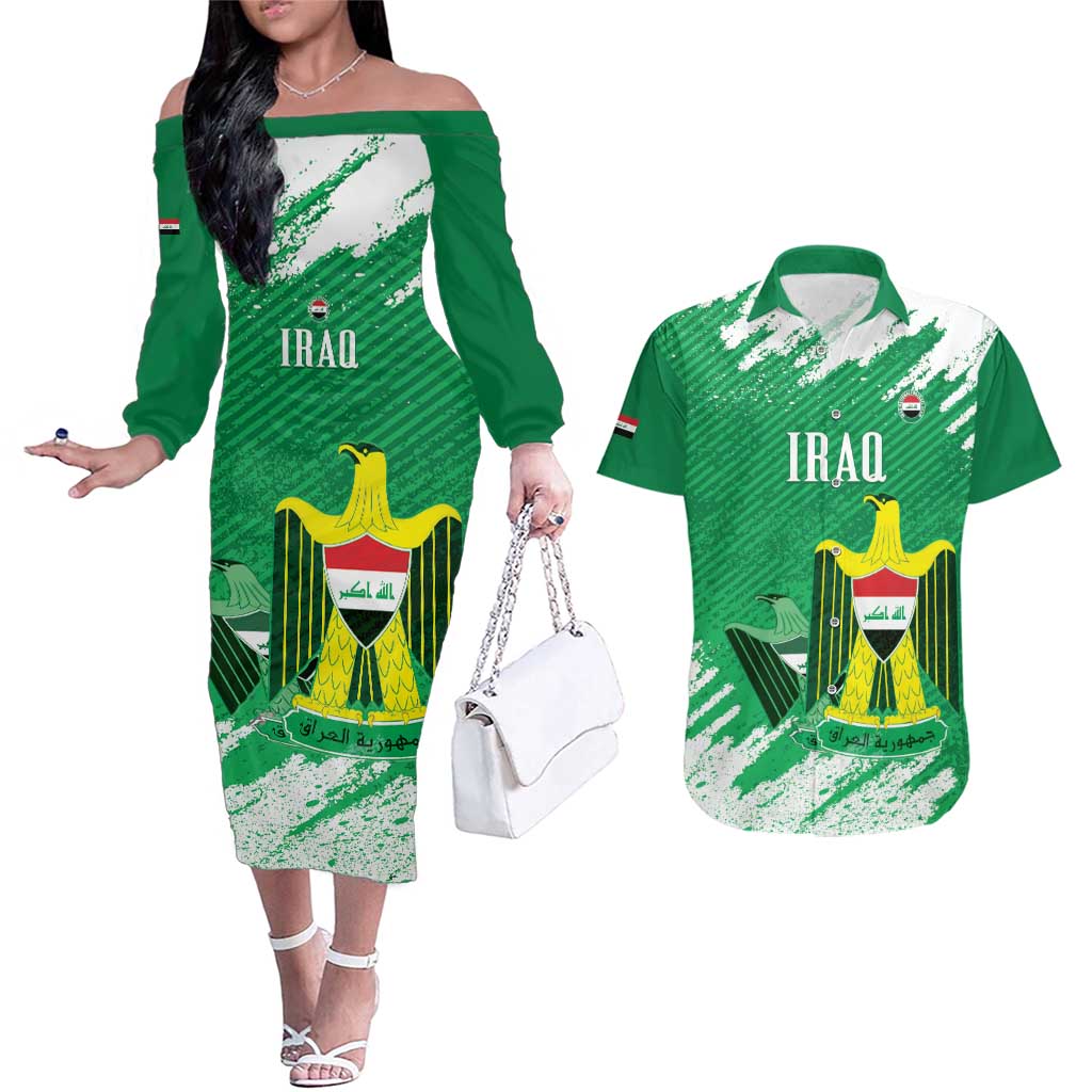 Iraq Football Custom Couples Matching Off The Shoulder Long Sleeve Dress and Hawaiian Shirt Come On Lions of Mesopotamia