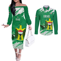 Iraq Football Custom Couples Matching Off The Shoulder Long Sleeve Dress and Long Sleeve Button Shirt Come On Lions of Mesopotamia