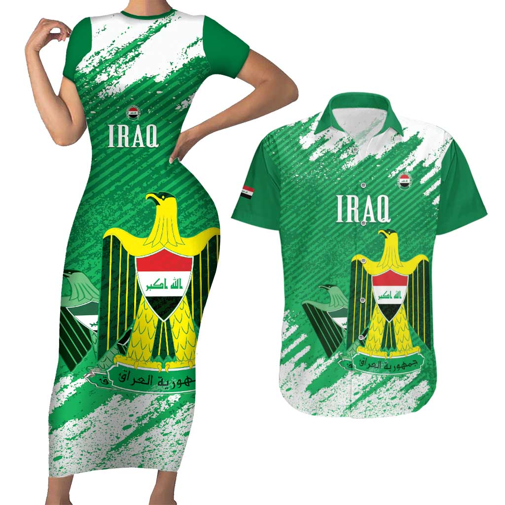 Iraq Football Custom Couples Matching Short Sleeve Bodycon Dress and Hawaiian Shirt Come On Lions of Mesopotamia