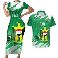 Iraq Football Custom Couples Matching Short Sleeve Bodycon Dress and Hawaiian Shirt Come On Lions of Mesopotamia