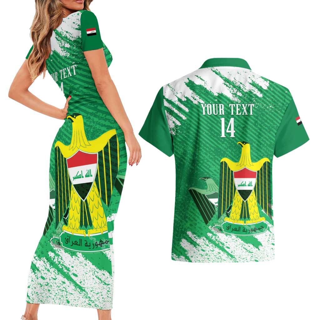 Iraq Football Custom Couples Matching Short Sleeve Bodycon Dress and Hawaiian Shirt Come On Lions of Mesopotamia