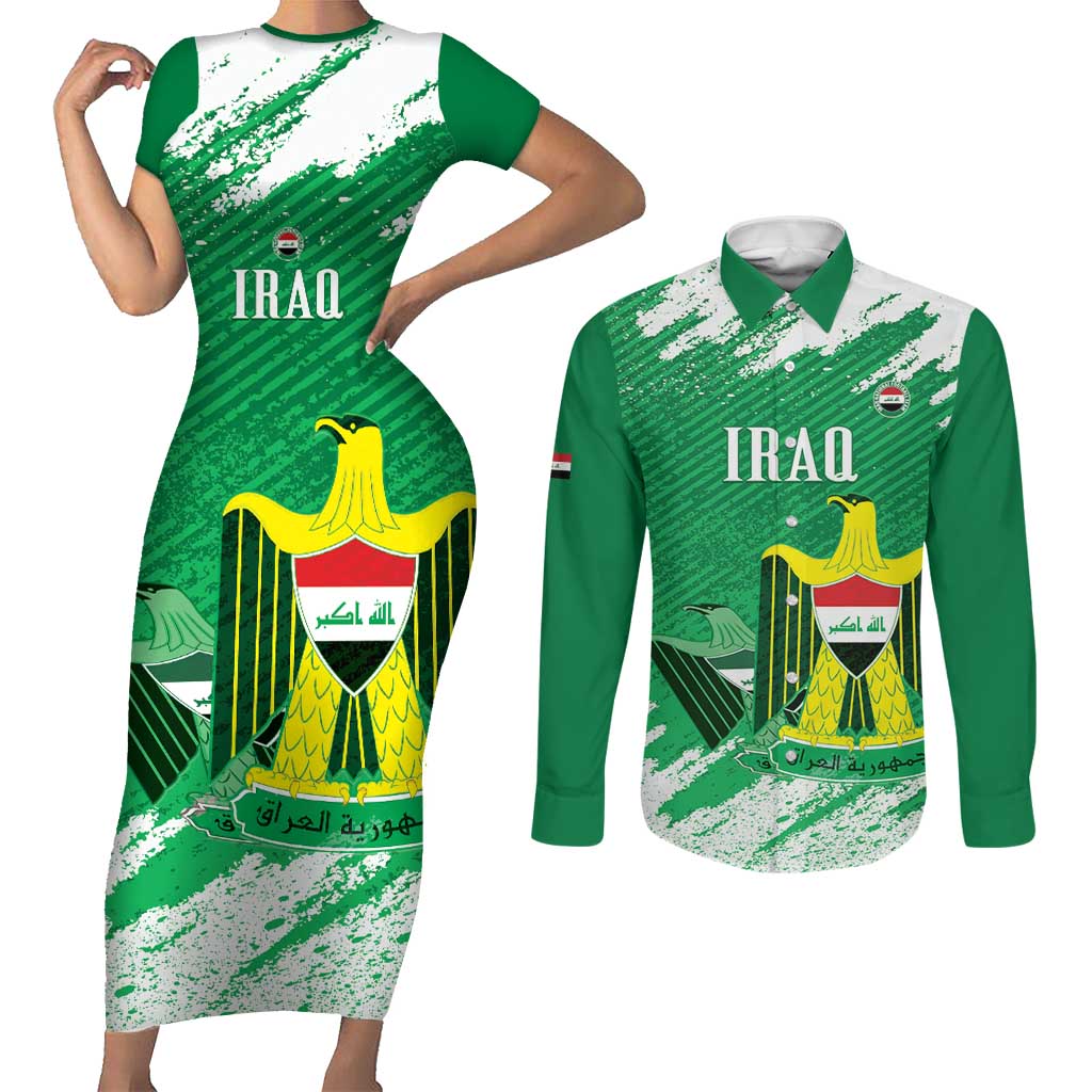 Iraq Football Custom Couples Matching Short Sleeve Bodycon Dress and Long Sleeve Button Shirt Come On Lions of Mesopotamia