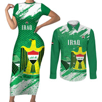 Iraq Football Custom Couples Matching Short Sleeve Bodycon Dress and Long Sleeve Button Shirt Come On Lions of Mesopotamia