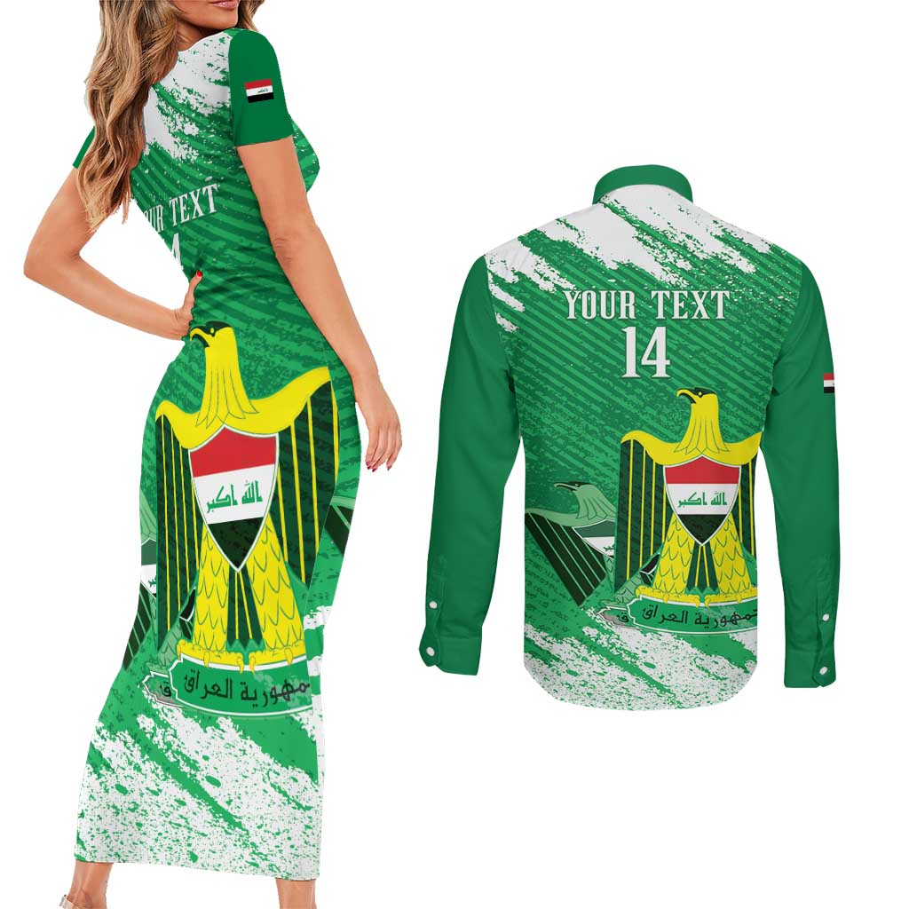 Iraq Football Custom Couples Matching Short Sleeve Bodycon Dress and Long Sleeve Button Shirt Come On Lions of Mesopotamia