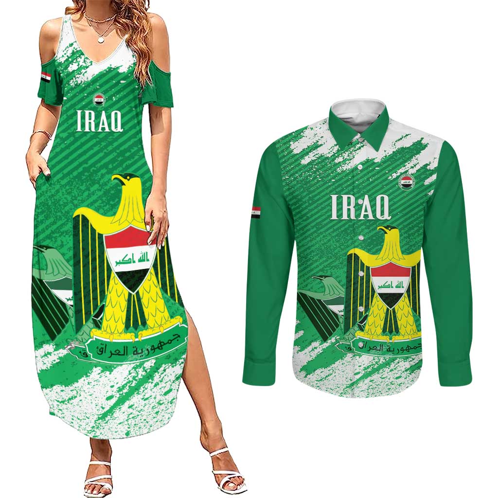 Iraq Football Custom Couples Matching Summer Maxi Dress and Long Sleeve Button Shirt Come On Lions of Mesopotamia