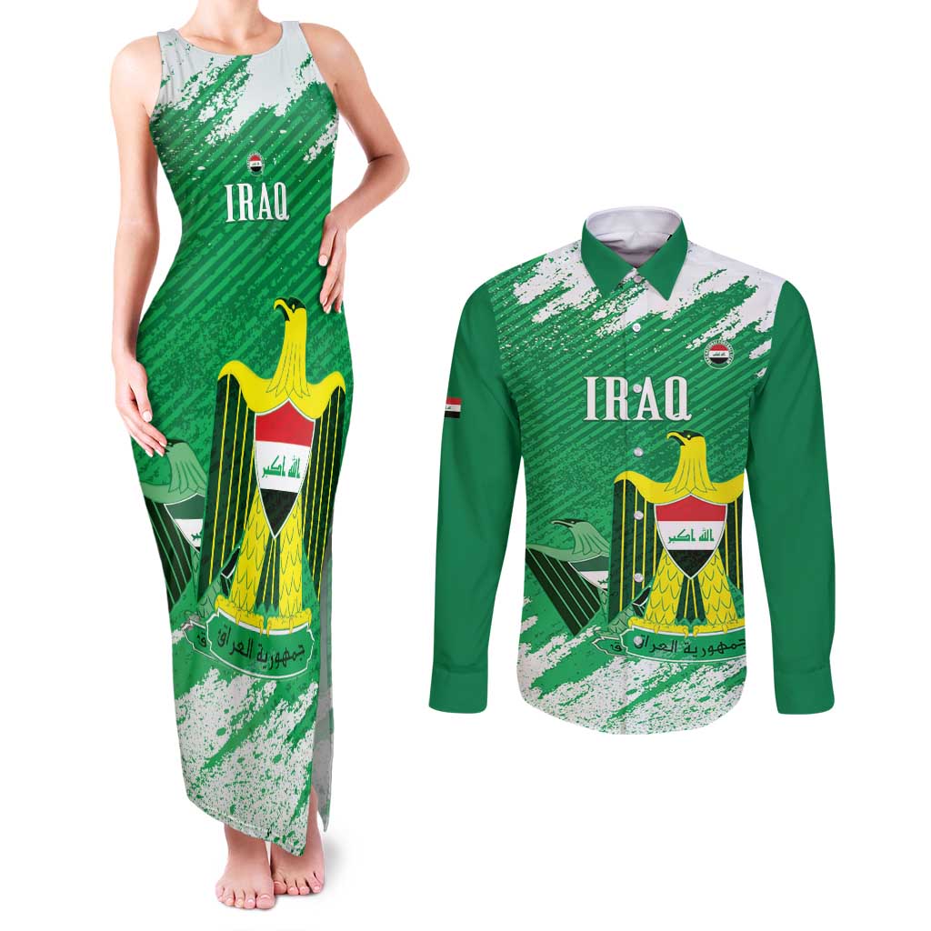 Iraq Football Custom Couples Matching Tank Maxi Dress and Long Sleeve Button Shirt Come On Lions of Mesopotamia