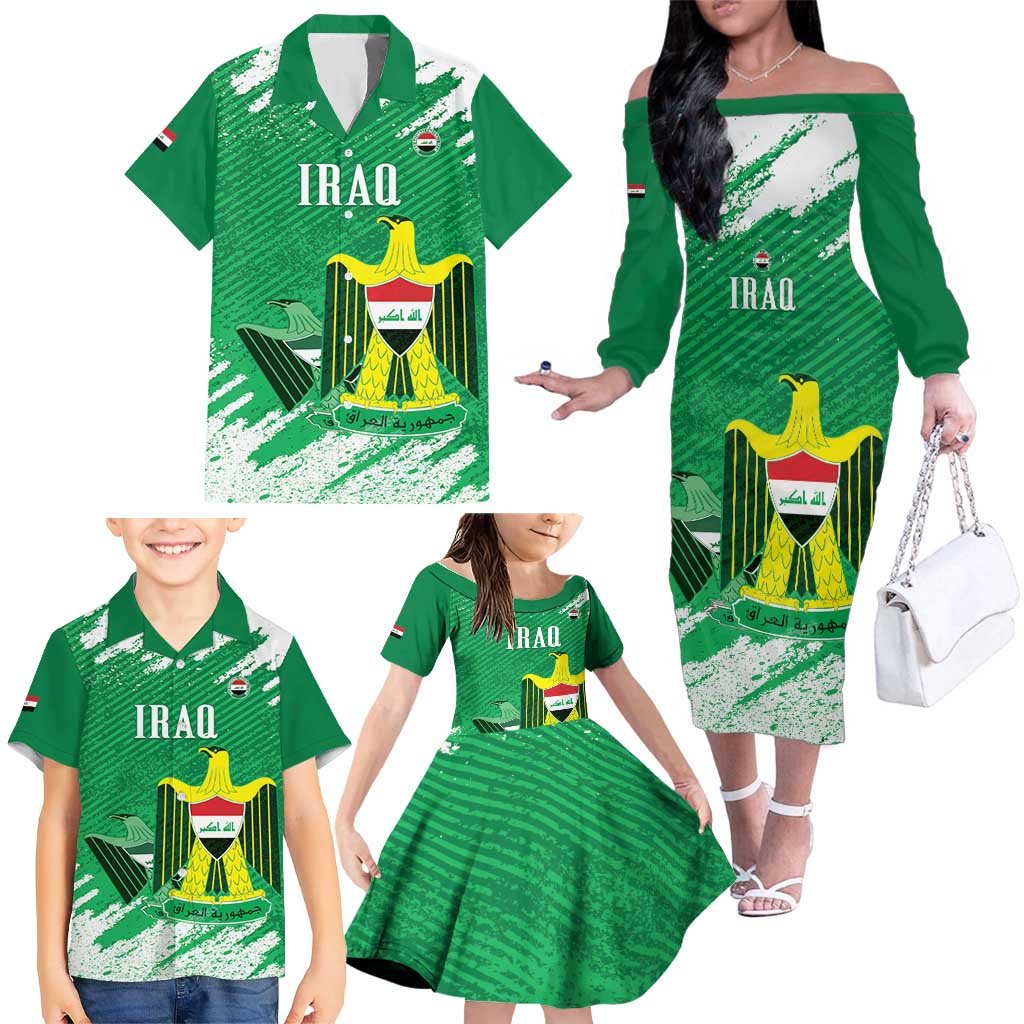 Iraq Football Custom Family Matching Off The Shoulder Long Sleeve Dress and Hawaiian Shirt Come On Lions of Mesopotamia