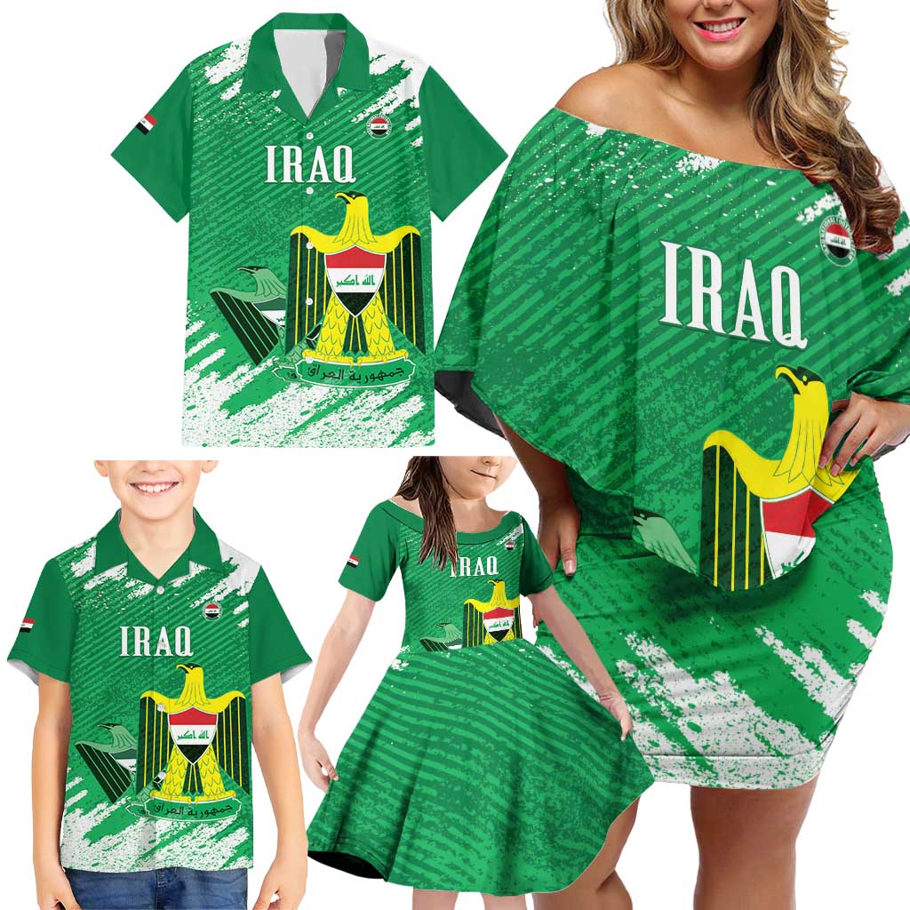 Iraq Football Custom Family Matching Off Shoulder Short Dress and Hawaiian Shirt Come On Lions of Mesopotamia