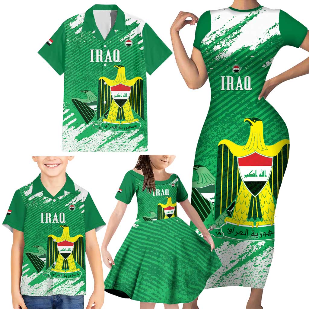 Iraq Football Custom Family Matching Short Sleeve Bodycon Dress and Hawaiian Shirt Come On Lions of Mesopotamia