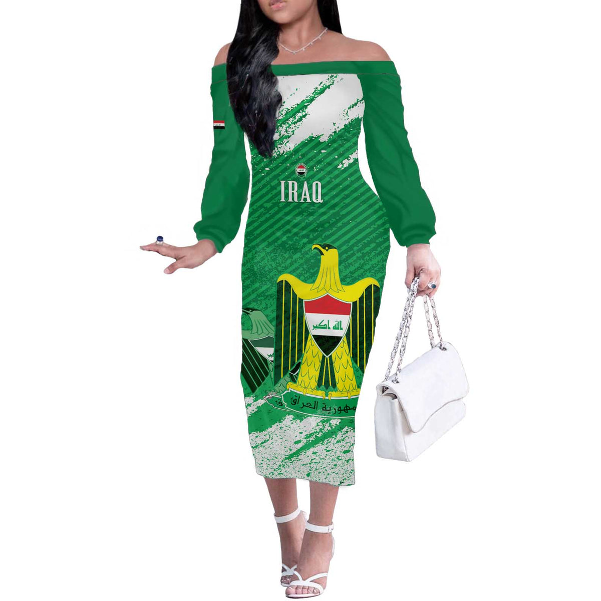 Iraq Football Custom Off The Shoulder Long Sleeve Dress Come On Lions of Mesopotamia
