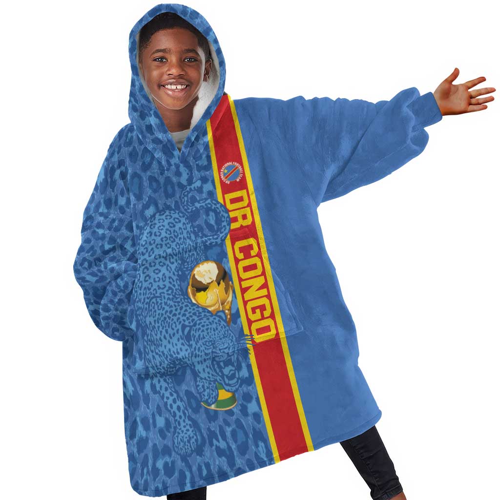 DR Congo Football Custom Kid Wearable Blanket Hoodie Come On Leopards Blue Color