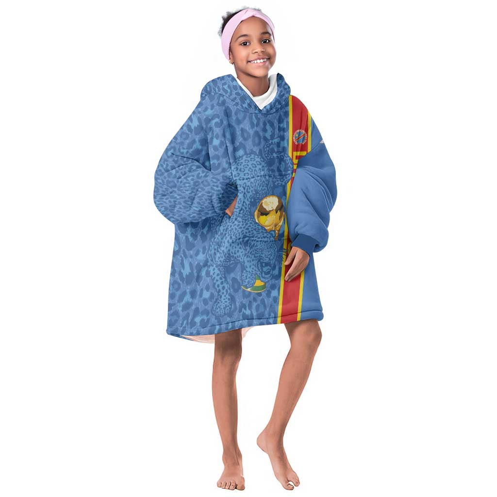 DR Congo Football Custom Kid Wearable Blanket Hoodie Come On Leopards Blue Color