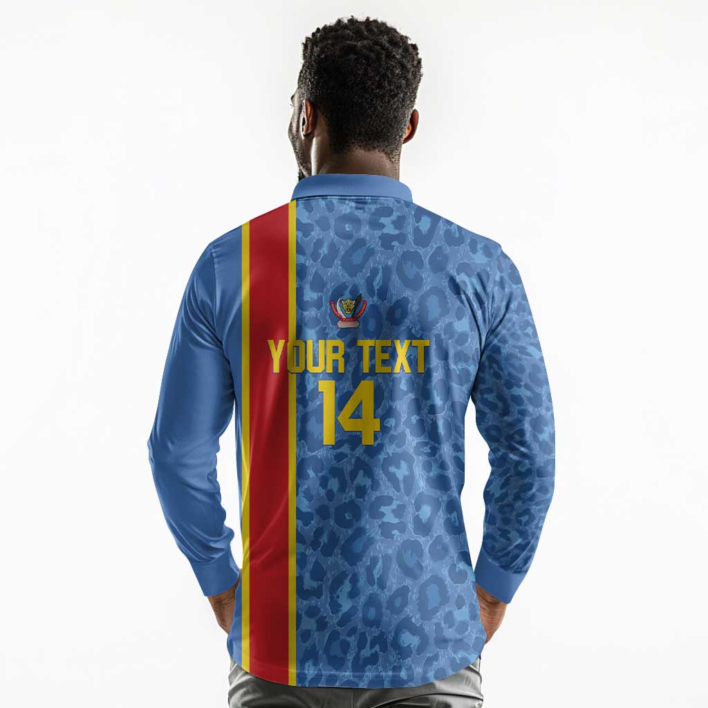DR Congo Football Custom Long Sleeve Polo Shirt Come On Leopards Blue Color