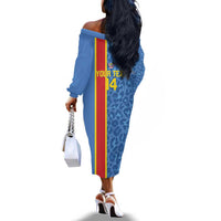 DR Congo Football Custom Off The Shoulder Long Sleeve Dress Come On Leopards Blue Color