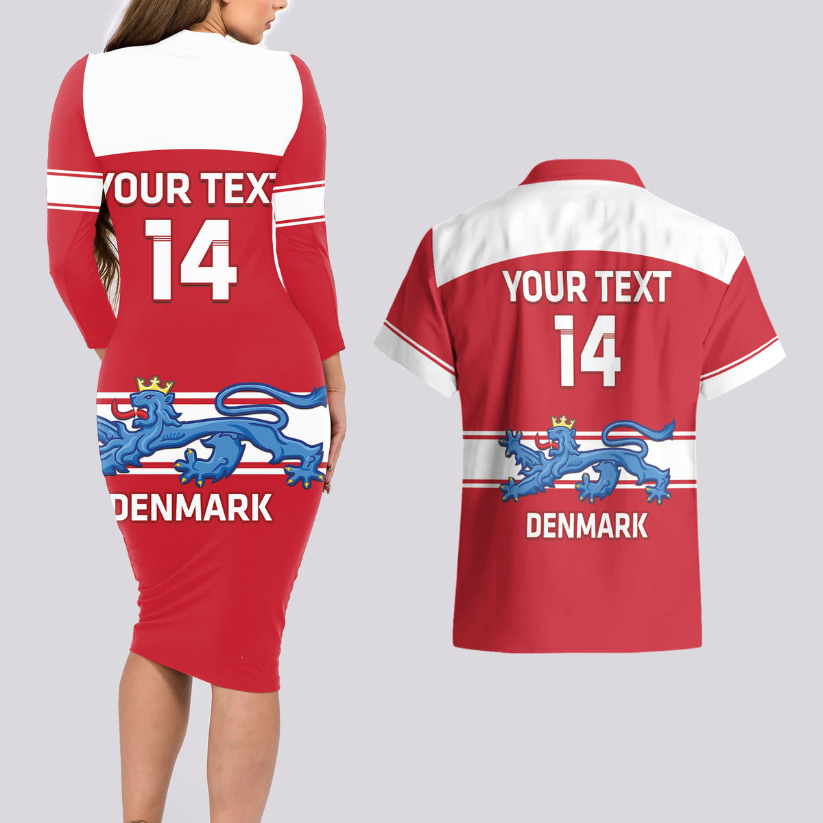 Custom Denmark Hockey Couples Matching Long Sleeve Bodycon Dress and Hawaiian Shirt Go Danish Lions - Wonder Print Shop