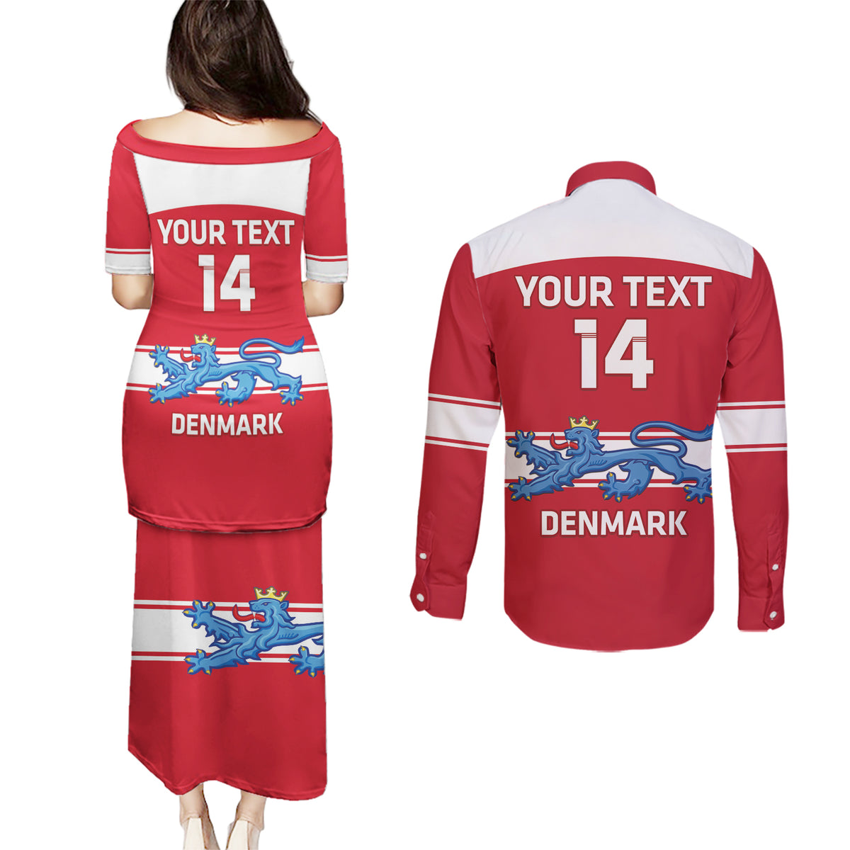 Custom Denmark Hockey Couples Matching Puletasi and Long Sleeve Button Shirt Go Danish Lions - Wonder Print Shop