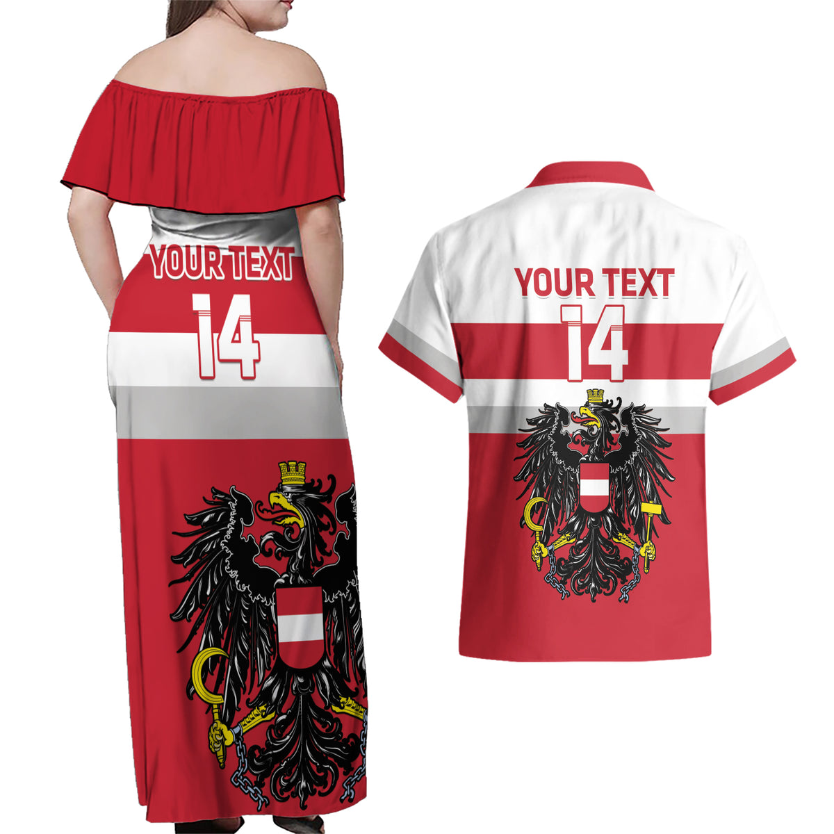 Custom Austria Hockey Couples Matching Off Shoulder Maxi Dress and Hawaiian Shirt Go Osterreich Eagles - Wonder Print Shop