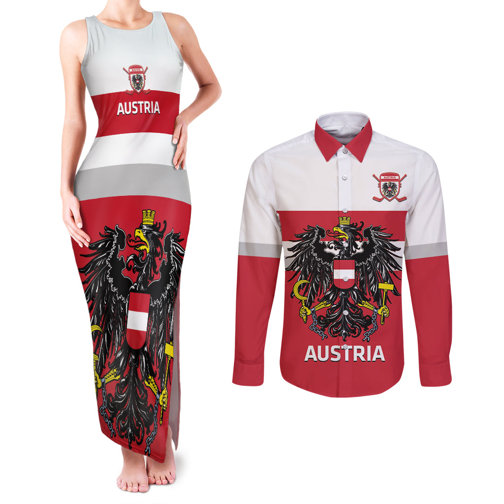 Custom Austria Hockey Couples Matching Tank Maxi Dress and Long Sleeve Button Shirt Go Osterreich Eagles