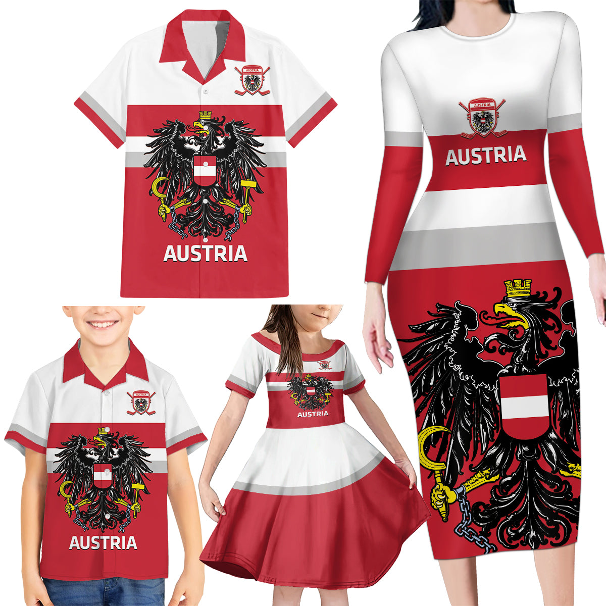 Custom Austria Hockey Family Matching Long Sleeve Bodycon Dress and Hawaiian Shirt Go Osterreich Eagles