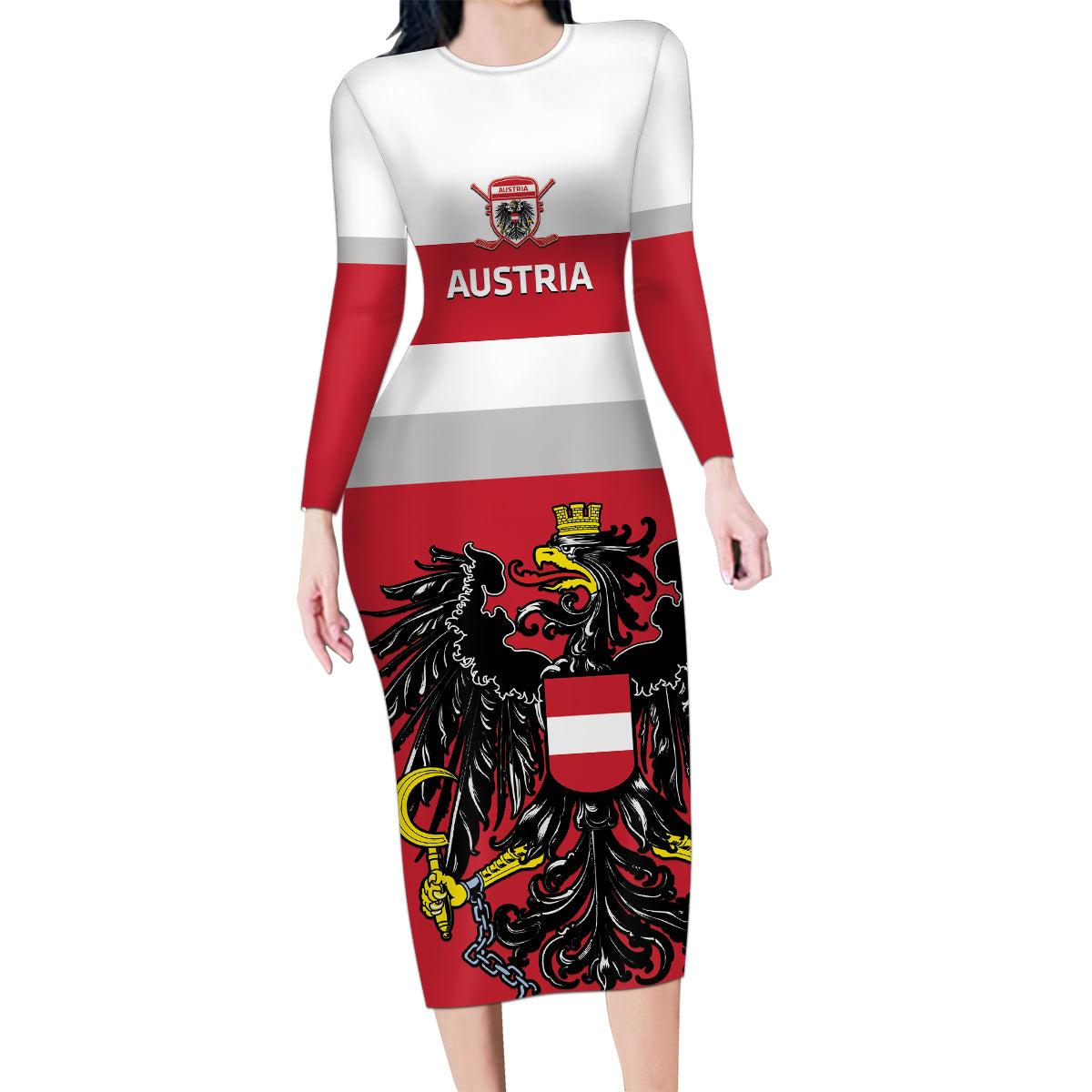 Custom Austria Hockey Family Matching Long Sleeve Bodycon Dress and Hawaiian Shirt Go Osterreich Eagles - Wonder Print Shop