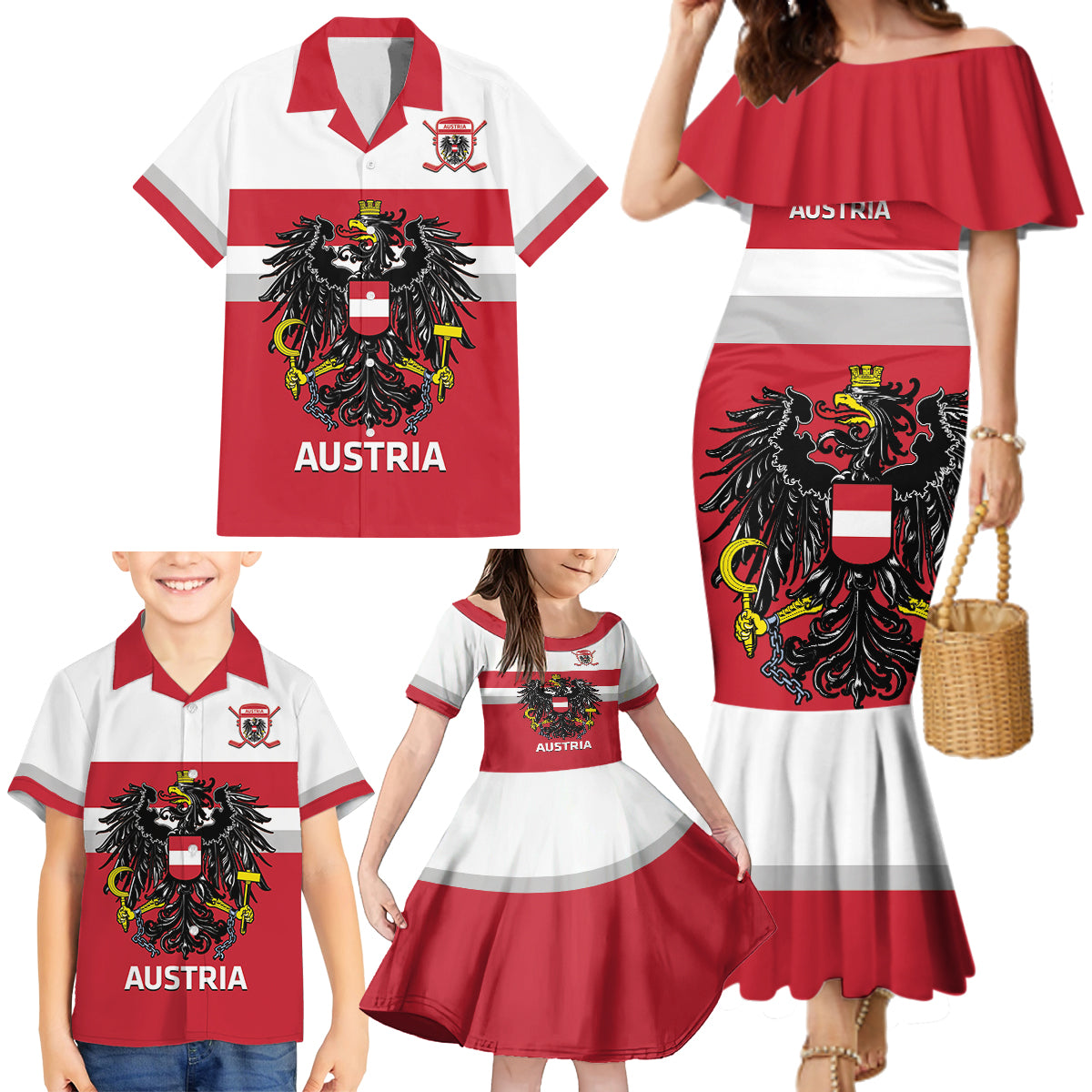 Custom Austria Hockey Family Matching Mermaid Dress and Hawaiian Shirt Go Osterreich Eagles