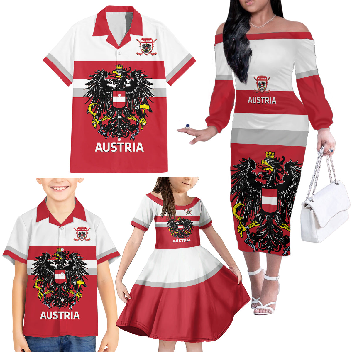 Custom Austria Hockey Family Matching Off The Shoulder Long Sleeve Dress and Hawaiian Shirt Go Osterreich Eagles