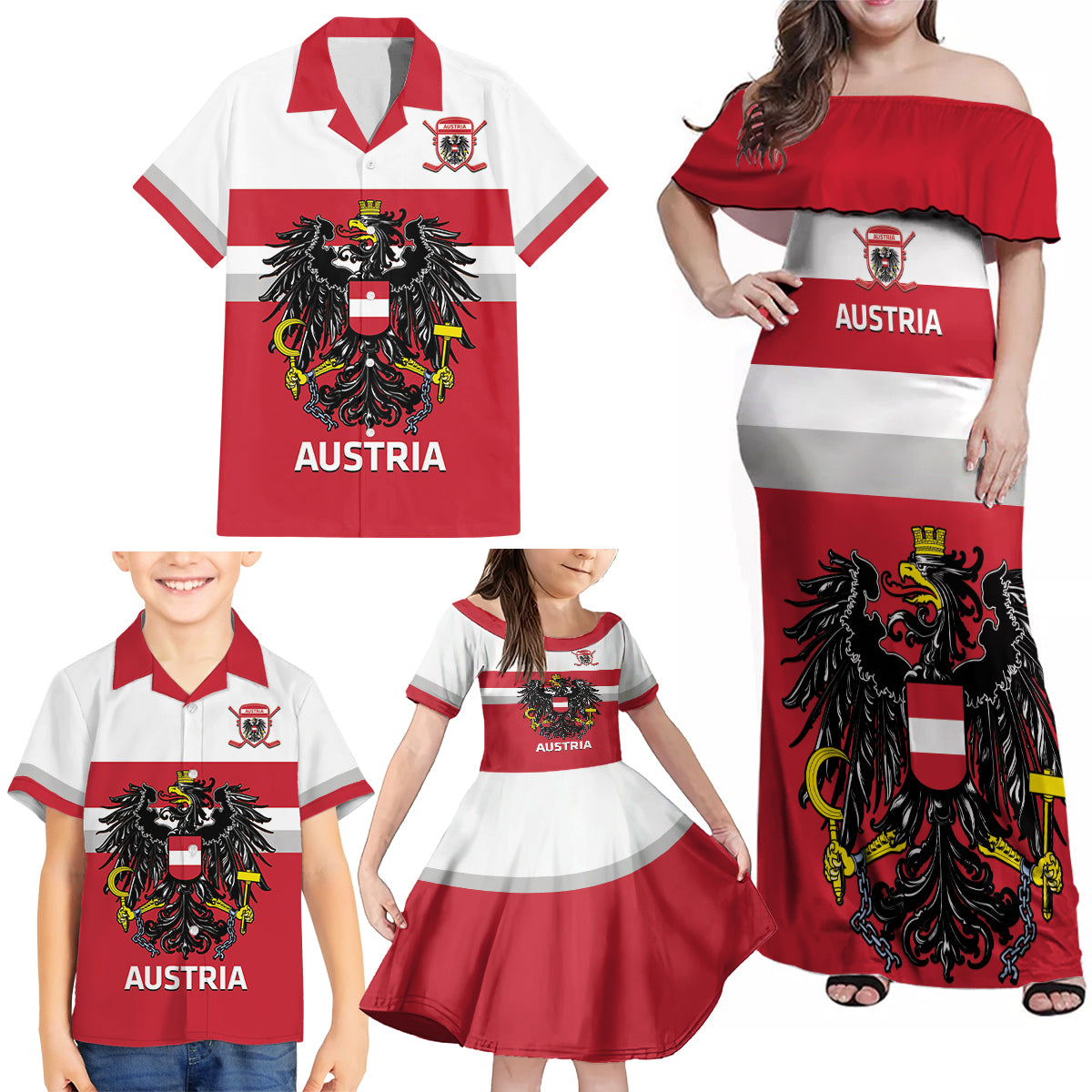 Custom Austria Hockey Family Matching Off Shoulder Maxi Dress and Hawaiian Shirt Go Osterreich Eagles