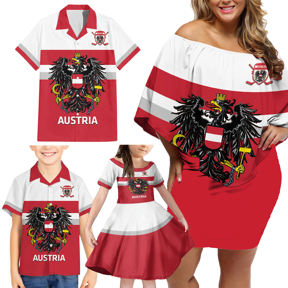 Custom Austria Hockey Family Matching Off Shoulder Short Dress and Hawaiian Shirt Go Osterreich Eagles