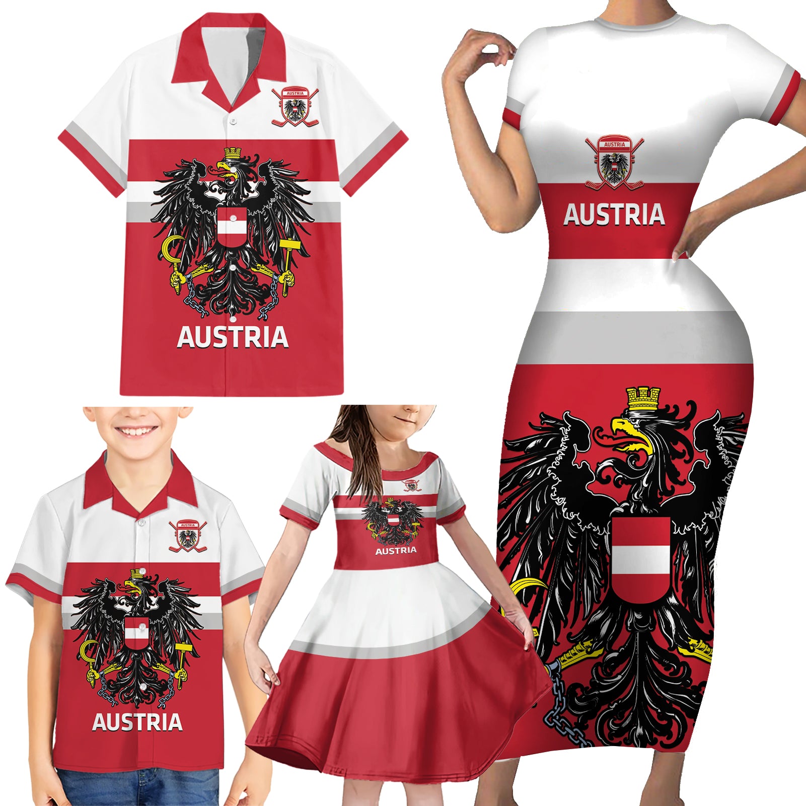 Custom Austria Hockey Family Matching Short Sleeve Bodycon Dress and Hawaiian Shirt Go Osterreich Eagles