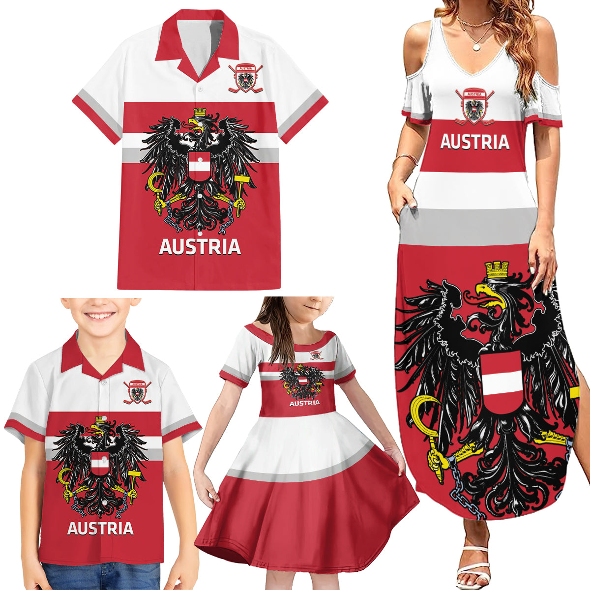 Custom Austria Hockey Family Matching Summer Maxi Dress and Hawaiian Shirt Go Osterreich Eagles