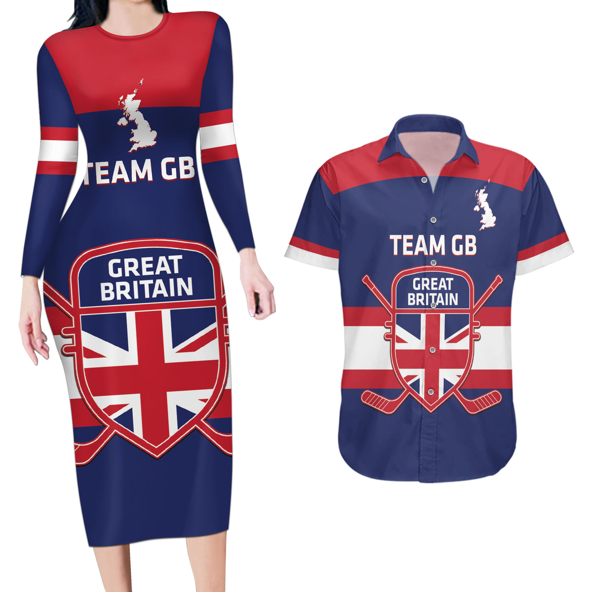 Custom Great Britain Hockey Couples Matching Long Sleeve Bodycon Dress and Hawaiian Shirt Go GB Team - Wonder Print Shop
