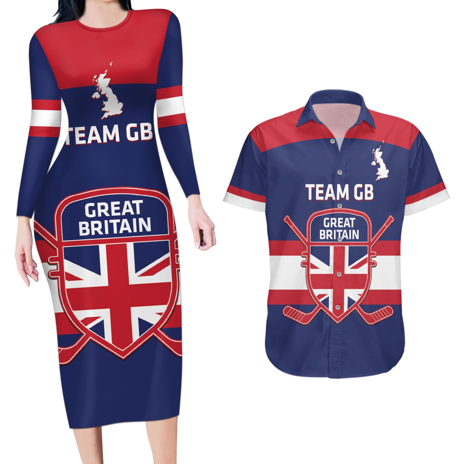 Custom Great Britain Hockey Couples Matching Long Sleeve Bodycon Dress and Hawaiian Shirt Go GB Team - Wonder Print Shop
