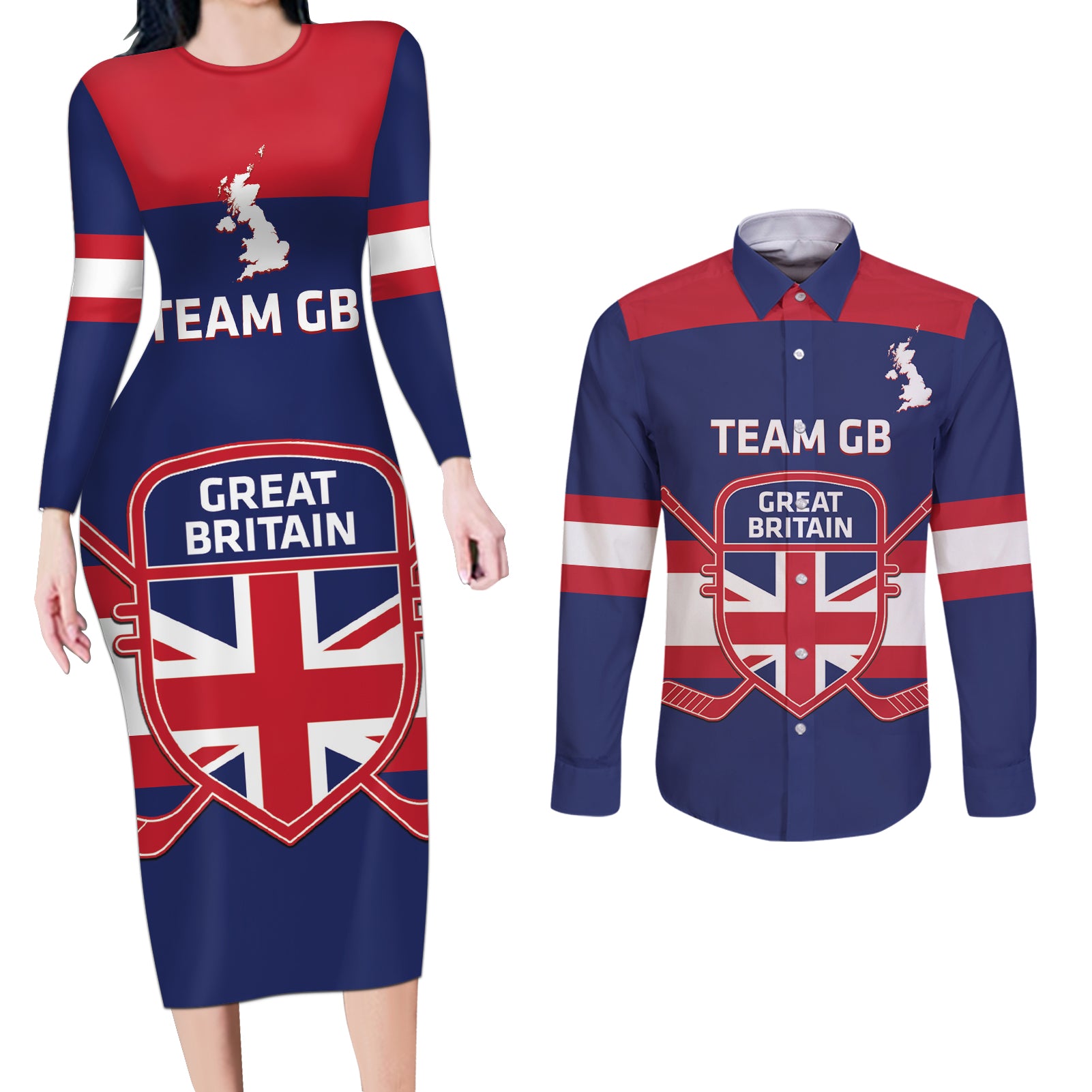 Custom Great Britain Hockey Couples Matching Long Sleeve Bodycon Dress and Long Sleeve Button Shirt Go GB Team - Wonder Print Shop