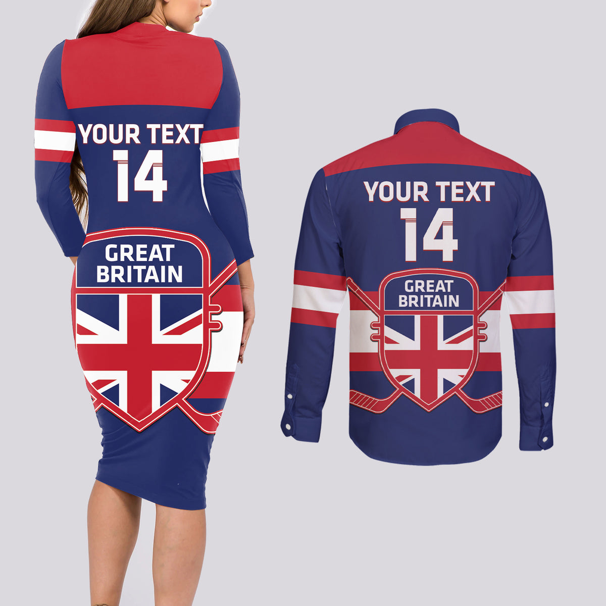 Custom Great Britain Hockey Couples Matching Long Sleeve Bodycon Dress and Long Sleeve Button Shirt Go GB Team - Wonder Print Shop