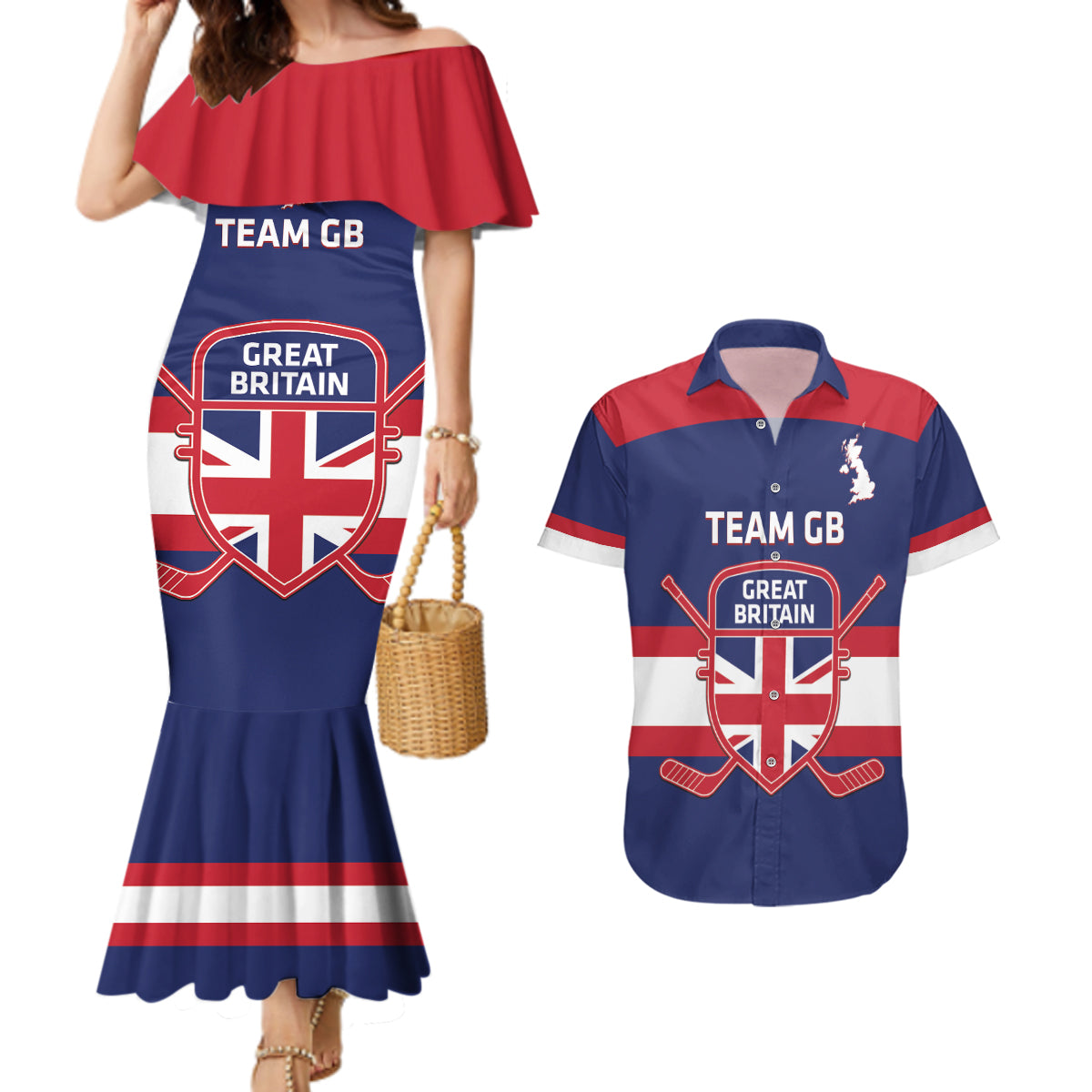 Custom Great Britain Hockey Couples Matching Mermaid Dress and Hawaiian Shirt Go GB Team - Wonder Print Shop