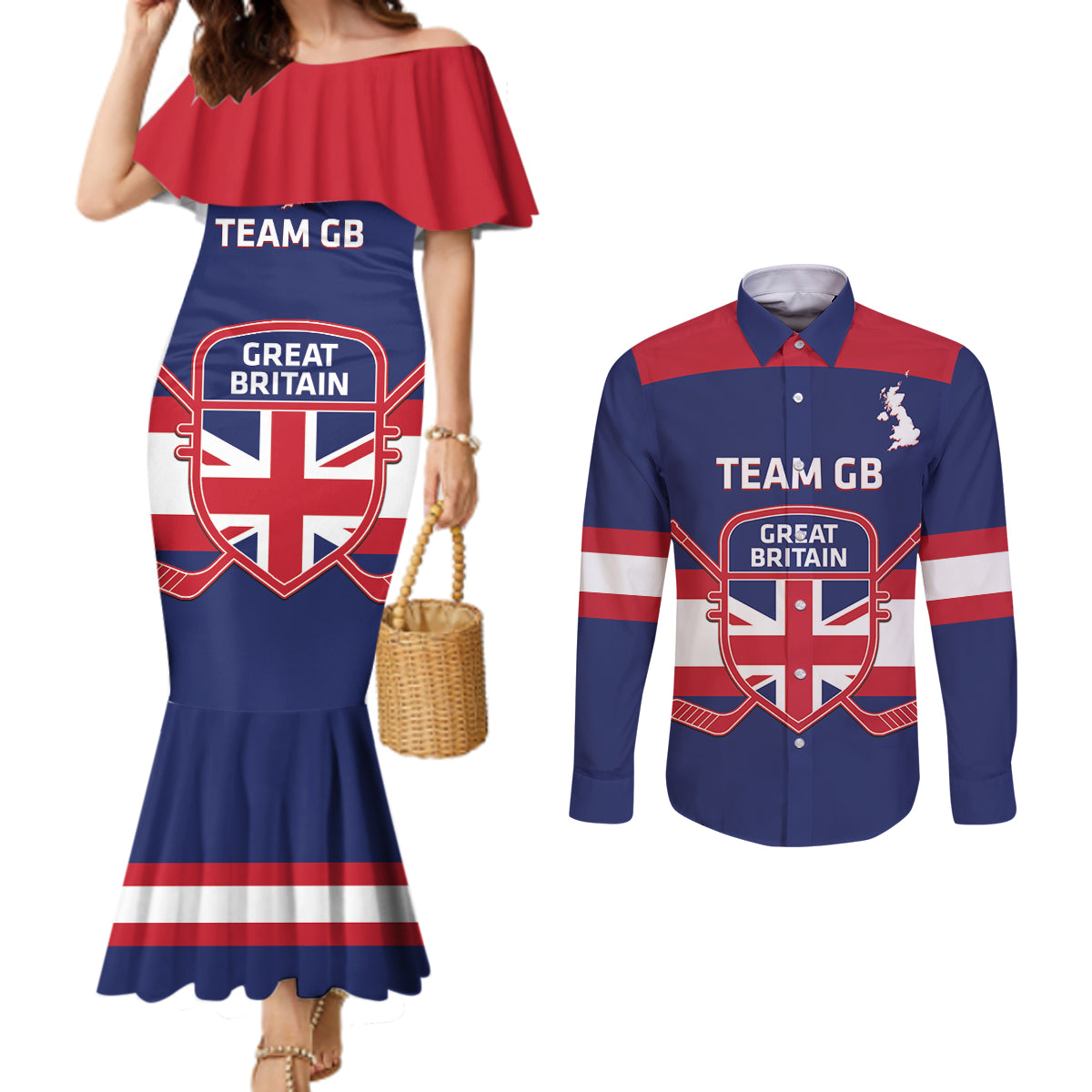 Custom Great Britain Hockey Couples Matching Mermaid Dress and Long Sleeve Button Shirt Go GB Team