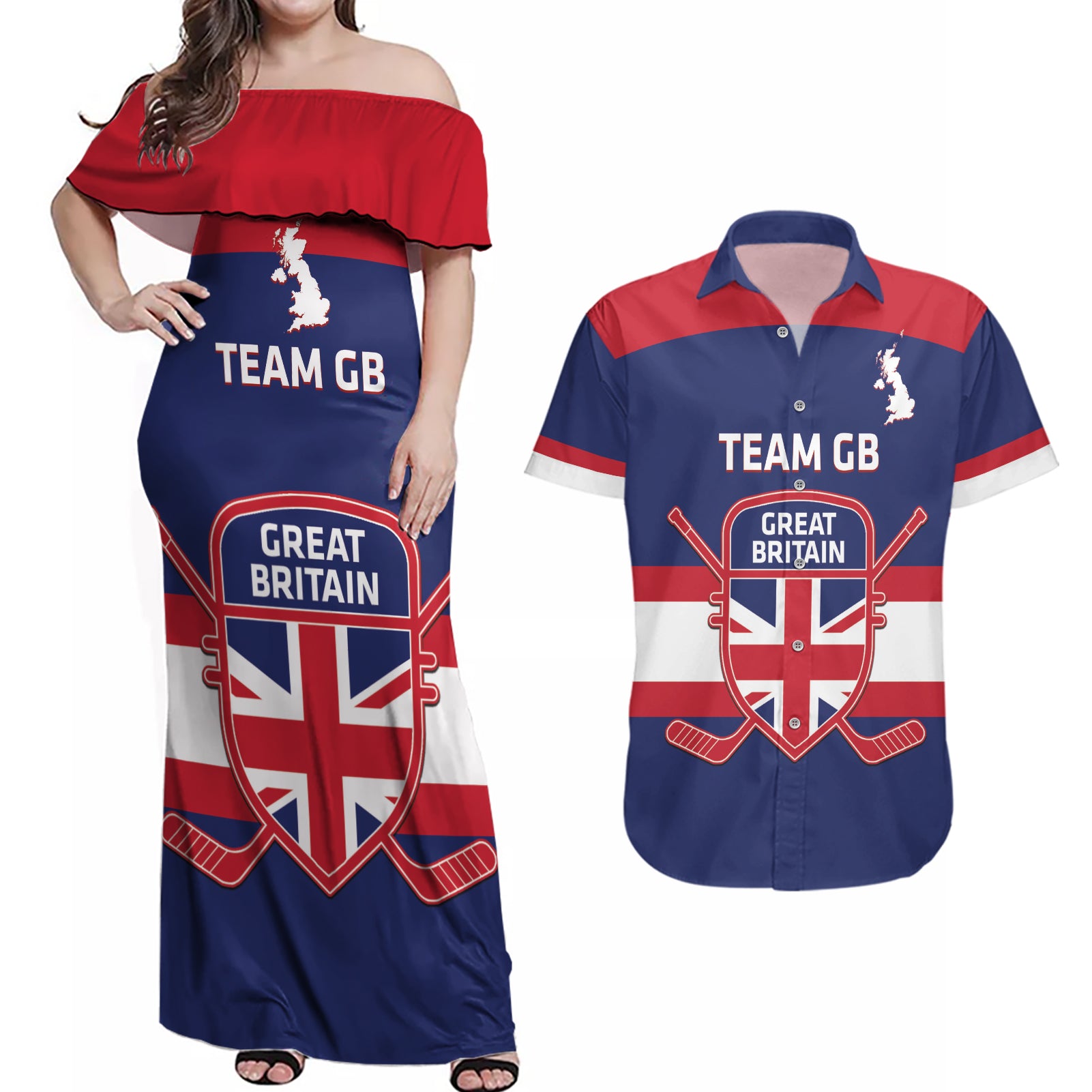 Custom Great Britain Hockey Couples Matching Off Shoulder Maxi Dress and Hawaiian Shirt Go GB Team - Wonder Print Shop