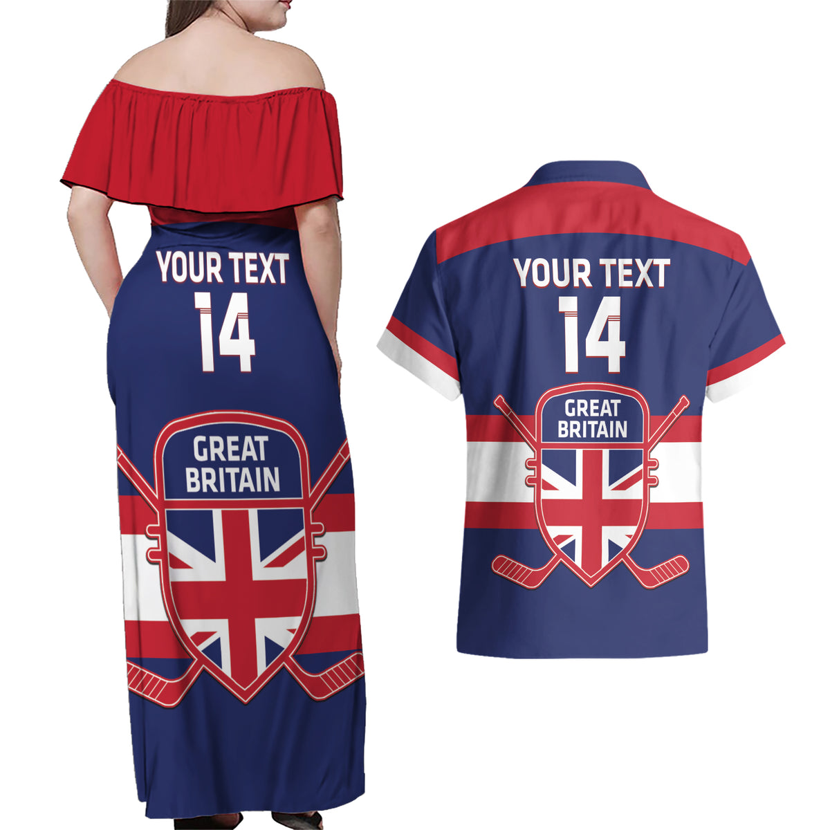 Custom Great Britain Hockey Couples Matching Off Shoulder Maxi Dress and Hawaiian Shirt Go GB Team - Wonder Print Shop