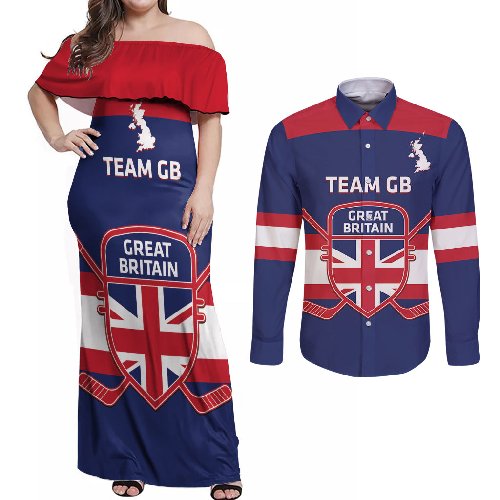 Custom Great Britain Hockey Couples Matching Off Shoulder Maxi Dress and Long Sleeve Button Shirt Go GB Team - Wonder Print Shop