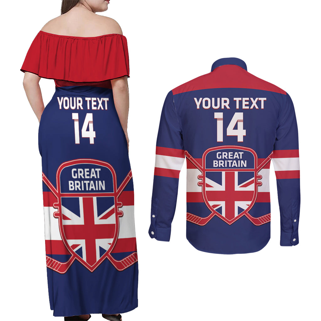 Custom Great Britain Hockey Couples Matching Off Shoulder Maxi Dress and Long Sleeve Button Shirt Go GB Team - Wonder Print Shop