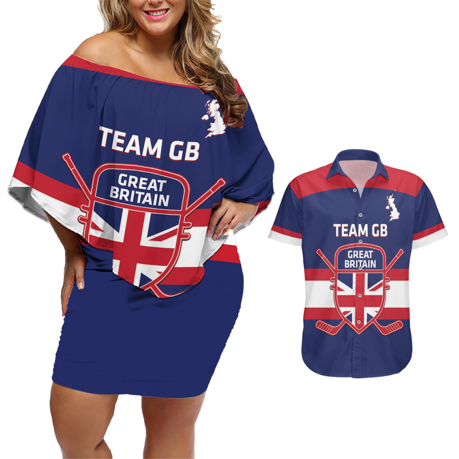 Custom Great Britain Hockey Couples Matching Off Shoulder Short Dress and Hawaiian Shirt Go GB Team - Wonder Print Shop