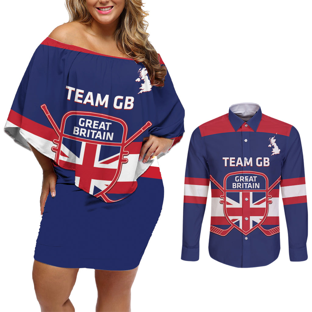 Custom Great Britain Hockey Couples Matching Off Shoulder Short Dress and Long Sleeve Button Shirt Go GB Team - Wonder Print Shop