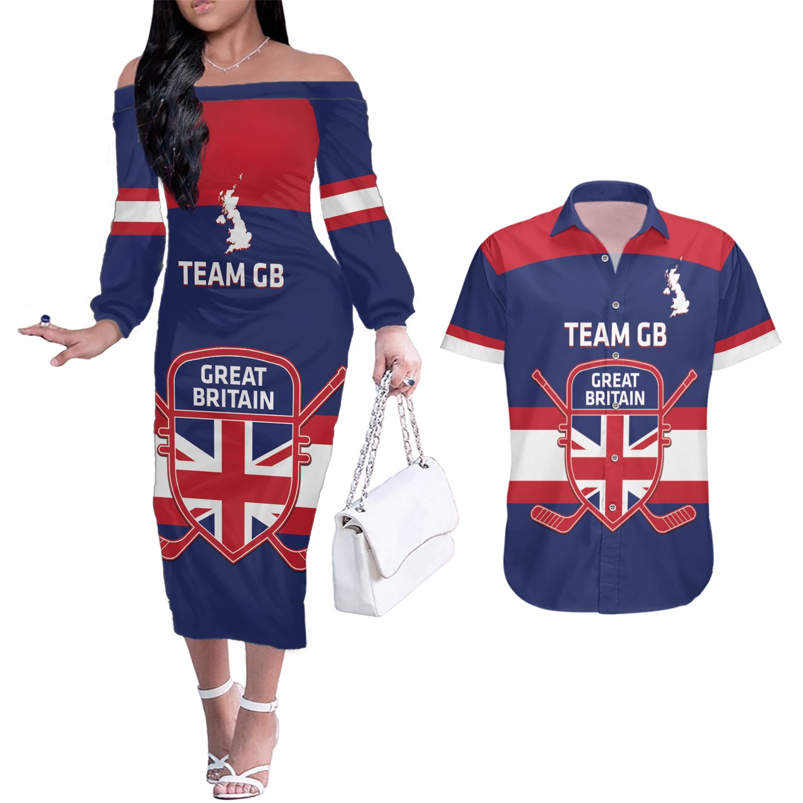 Custom Great Britain Hockey Couples Matching Off The Shoulder Long Sleeve Dress and Hawaiian Shirt Go GB Team - Wonder Print Shop