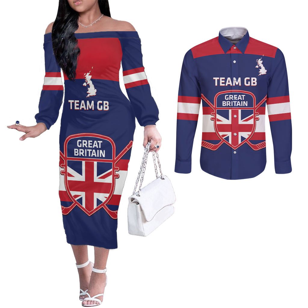 Custom Great Britain Hockey Couples Matching Off The Shoulder Long Sleeve Dress and Long Sleeve Button Shirt Go GB Team