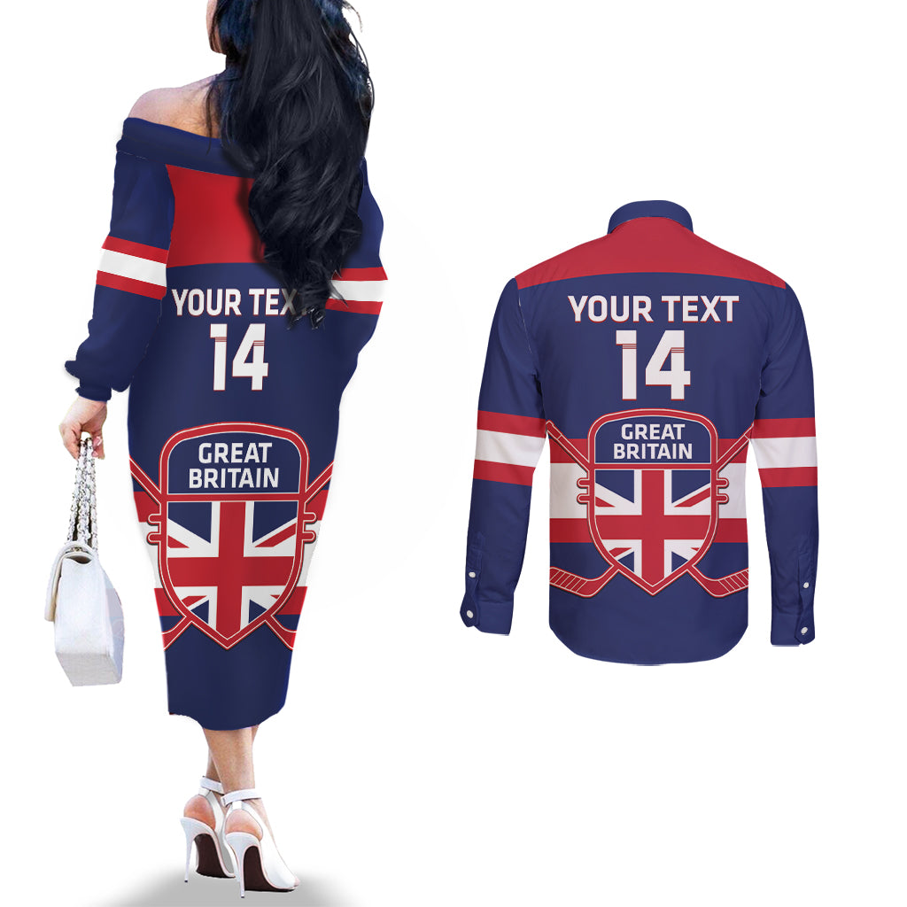 Custom Great Britain Hockey Couples Matching Off The Shoulder Long Sleeve Dress and Long Sleeve Button Shirt Go GB Team